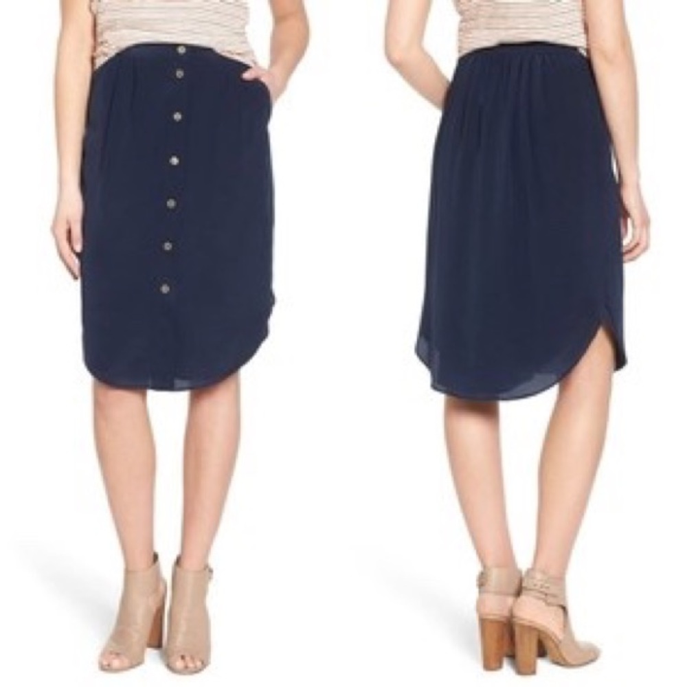 NWT Madewell Front Button Navy Silk Midi Skirt